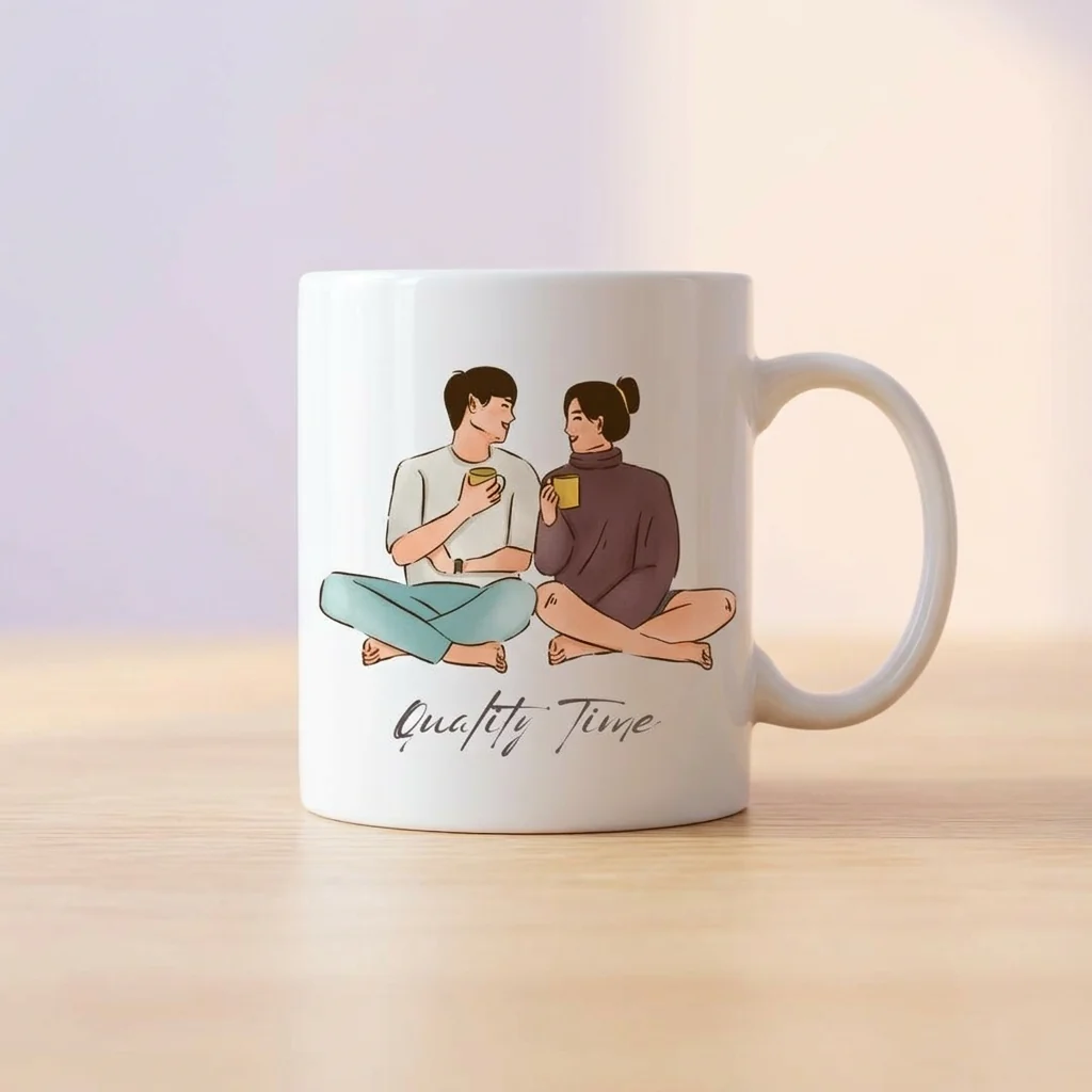 White Ceramic Couple Illustration Coffee Mug – 330ml