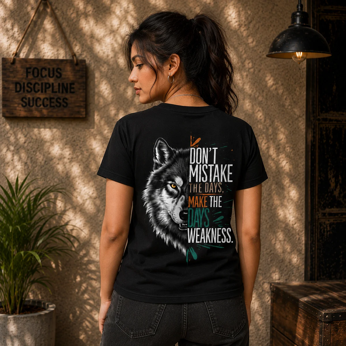 Women’s Black Wolf Graphic T-Shirt – Motivational Quote Back Print | Regular Fit Casual Tee