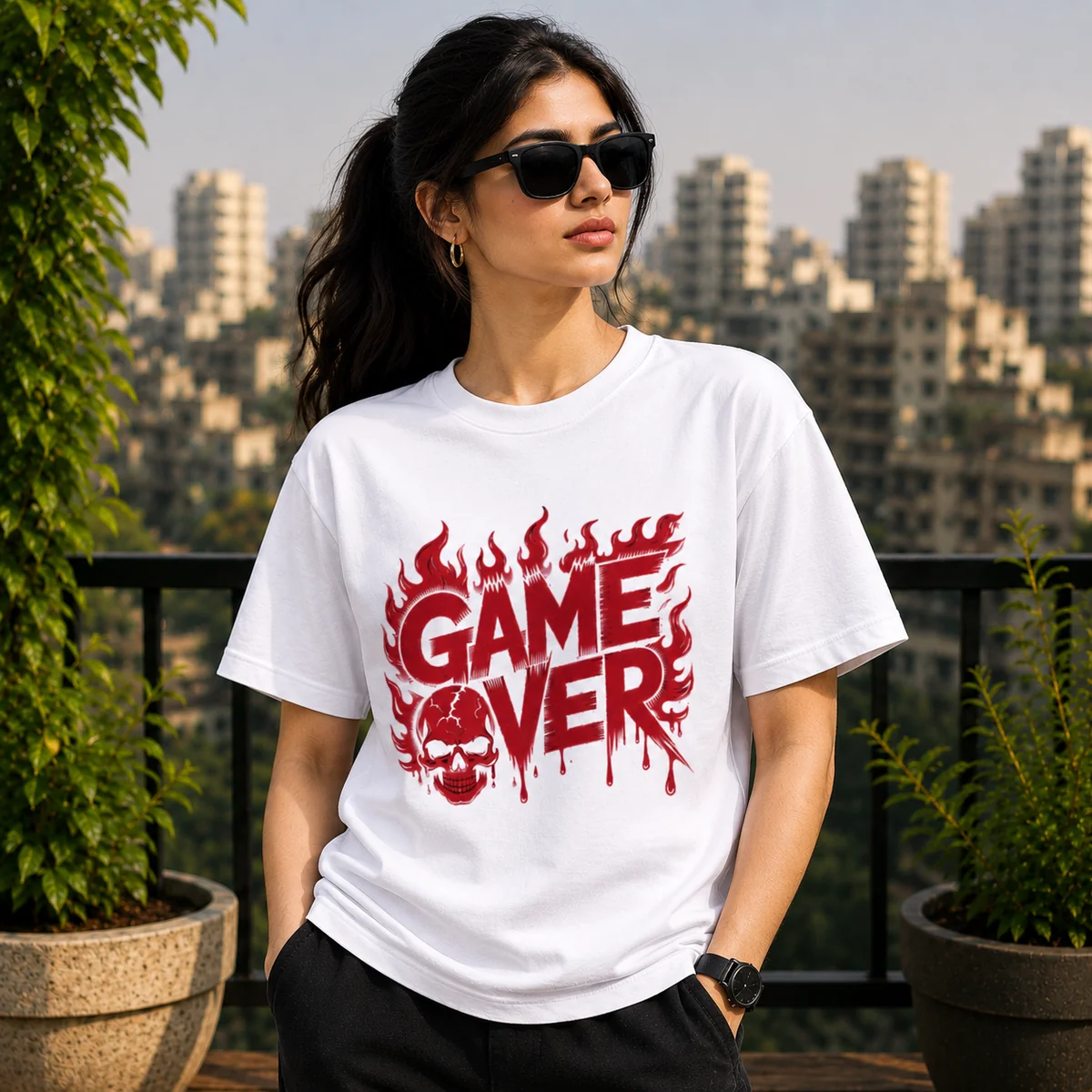 Game Over Skull Graphic T-Shirt – Gothic Gamer Horror Printed White Tee