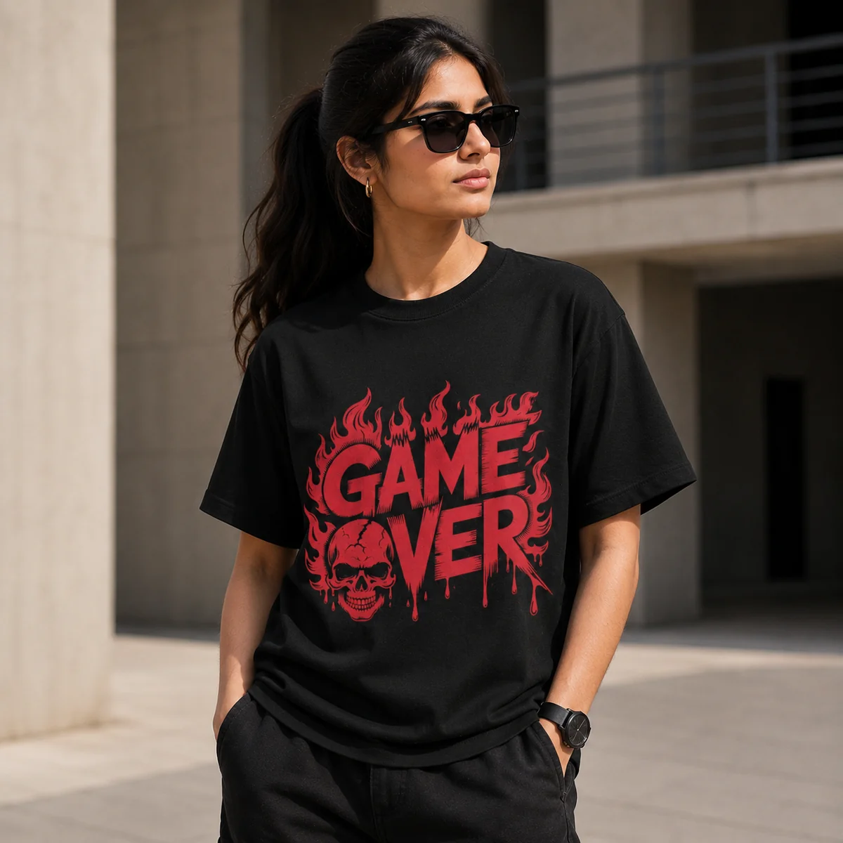 Game Over Skull Graphic T-Shirt – Gothic Gamer Black Printed Tee