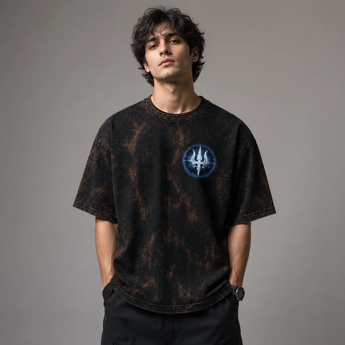 Mahadev Trishul Front & Back Acid Wash Oversized T-Shirt – Unisex Spiritual Streetwear Tee