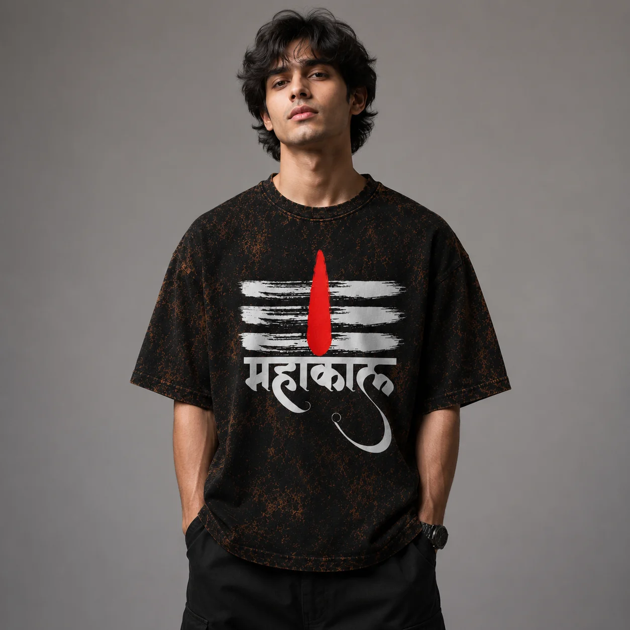 Mahakal Tripund Acid Wash Oversized T-Shirt – Spiritual Unisex Streetwear Tee