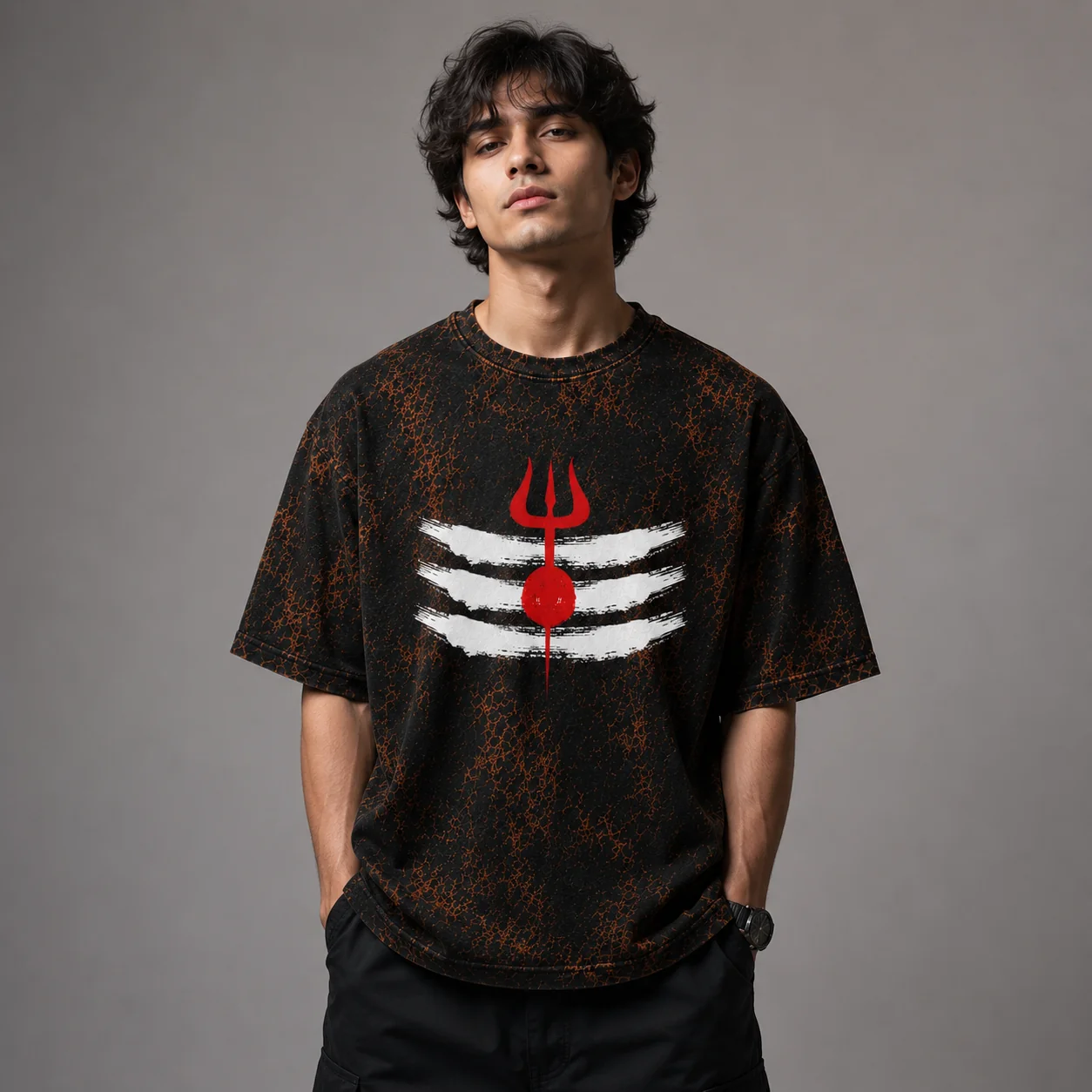 Mahadev Trishul Acid Wash Oversized T-Shirt – Spiritual Unisex Streetwear Tee