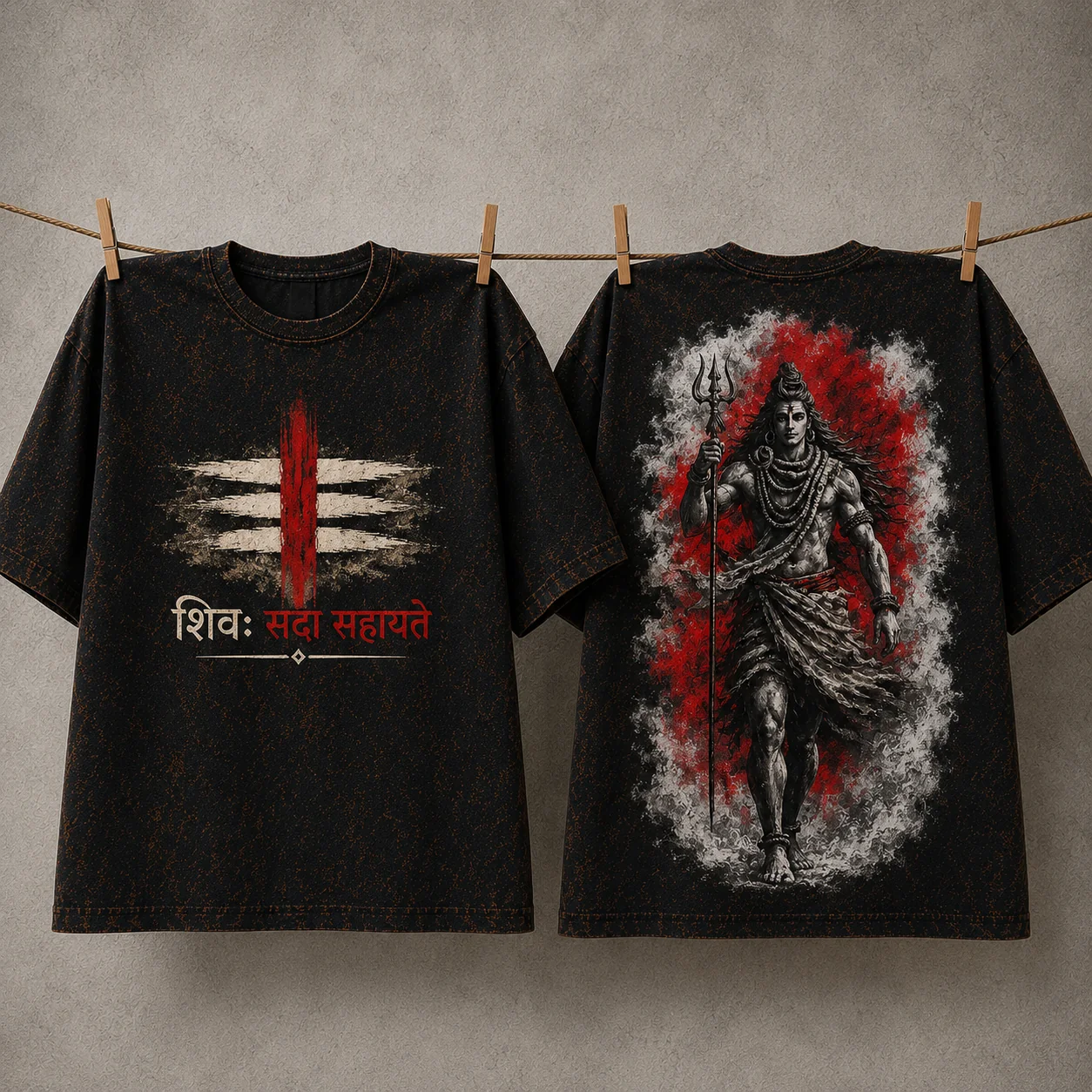 Mahadev Shiva Warrior Acid Wash Oversized T-Shirt – Front & Back Spiritual Streetwear Tee