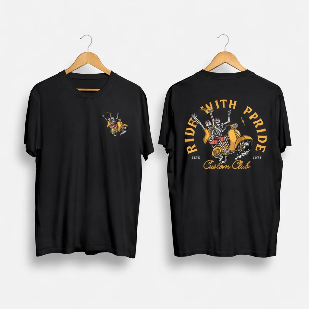 Ride With Pride Custom Club Printed T-Shirt – Skeleton Biker Graphic Tee for Men & Women