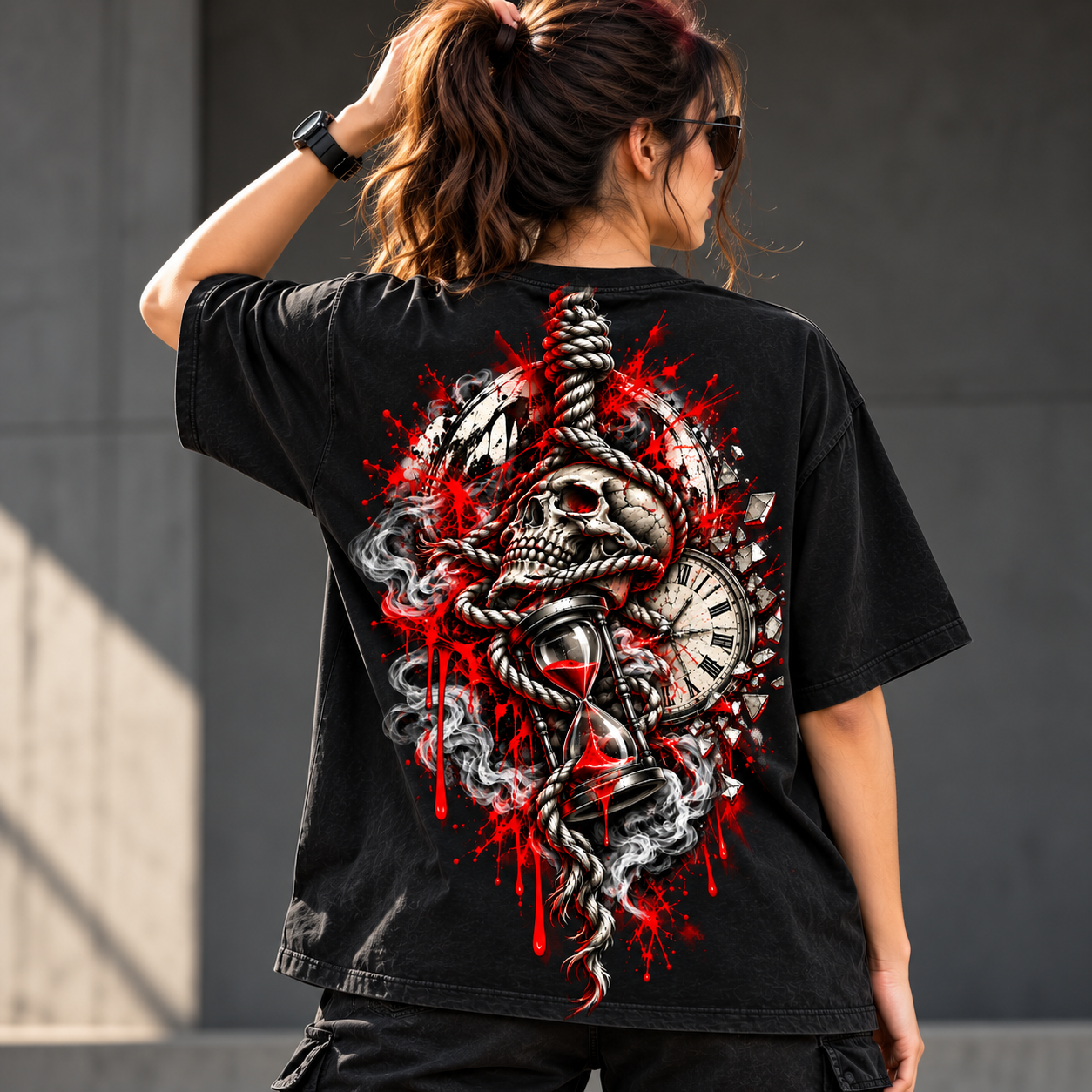 Hang Till Death Skull Clock Graphic T-Shirt – Gothic Back Print Oversized Tee