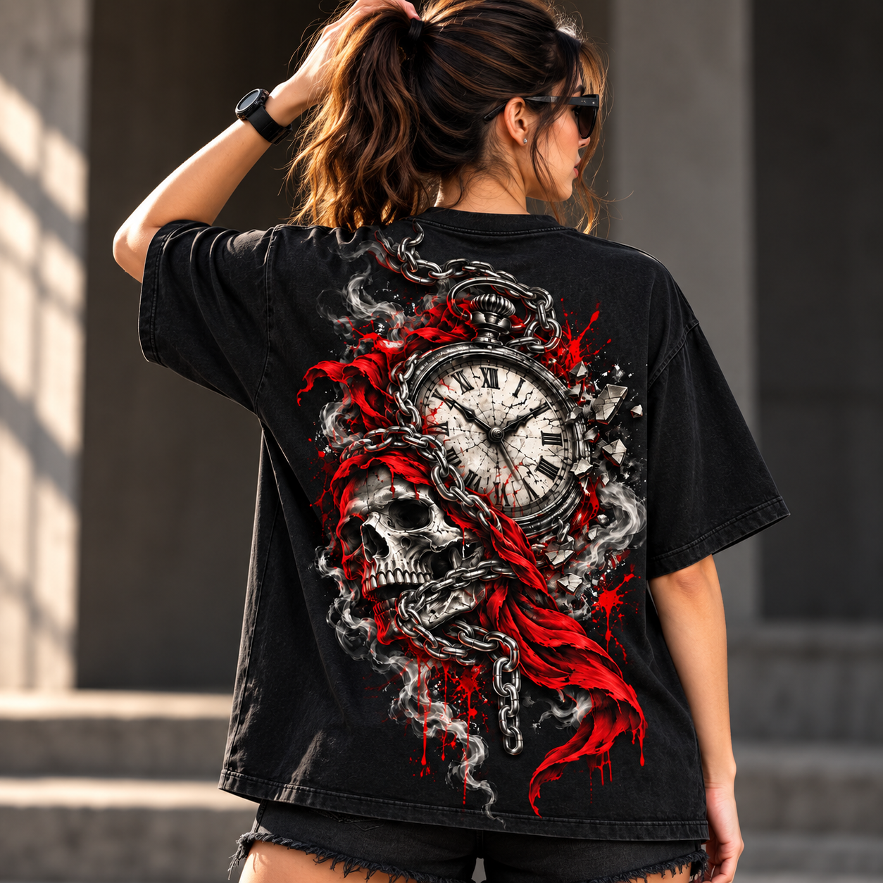 Life Is Short Time Is Running Skull Clock T-Shirt – Gothic Back Print Oversized Tee