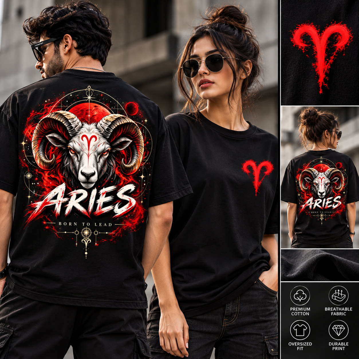 Aries Zodiac Graphic T-Shirt – Ram Symbol Back Print Poly Cotton Tee