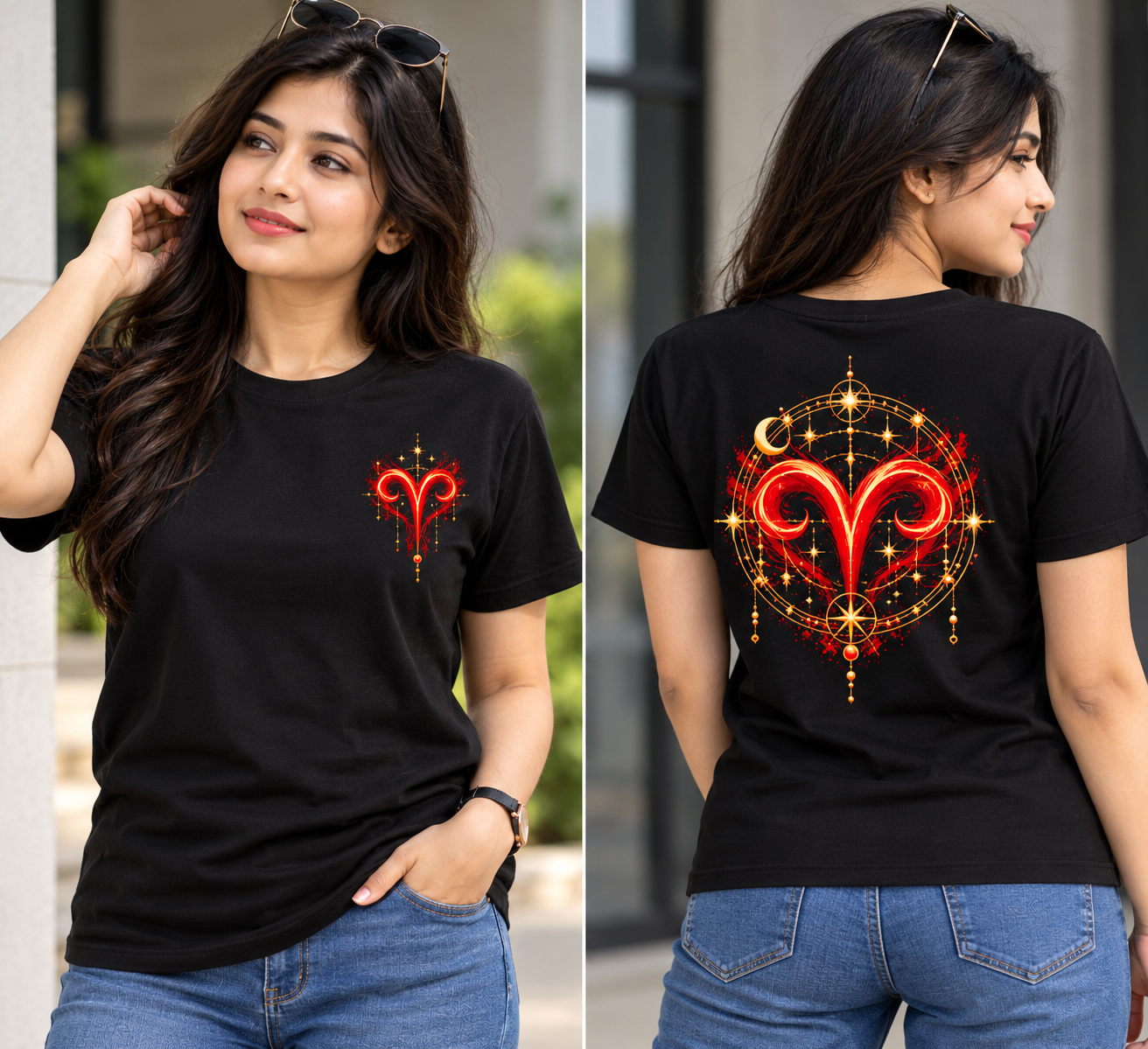 Aries Zodiac Celestial Graphic T-Shirt – Red & Gold Back Print Poly Cotton Tee