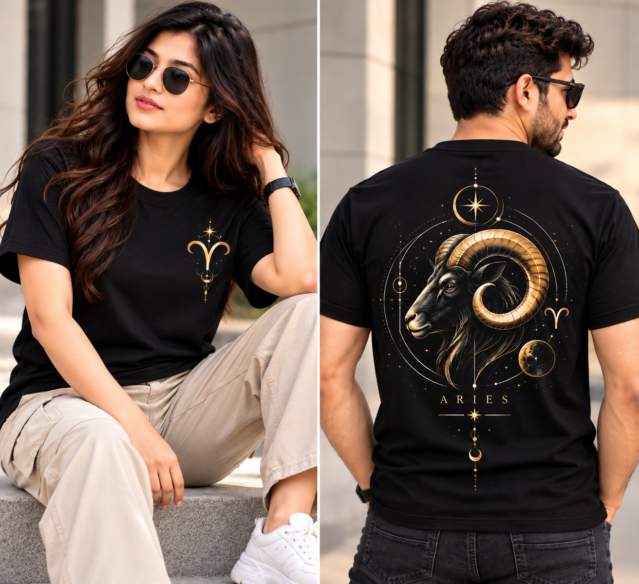 Aries Zodiac Ram Minimalist T-Shirt – Gold Celestial Back Print Poly Cotton Tee