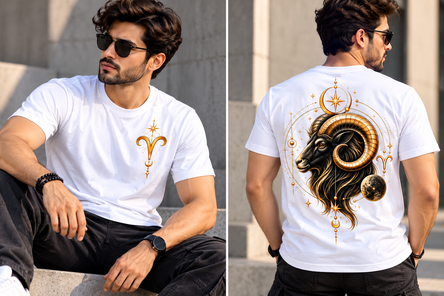 Aries Zodiac Ram Minimalist T-Shirt – Gold Celestial Back Print White Poly Cotton Tee