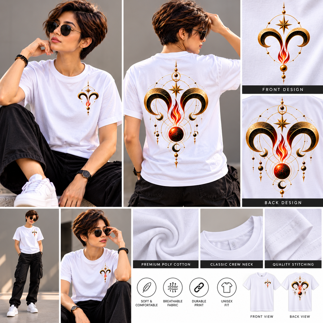 Aries Mars Sigil T-Shirt – Gold Black Ram Horn & Fire Graphic White Poly Cotton Tee
