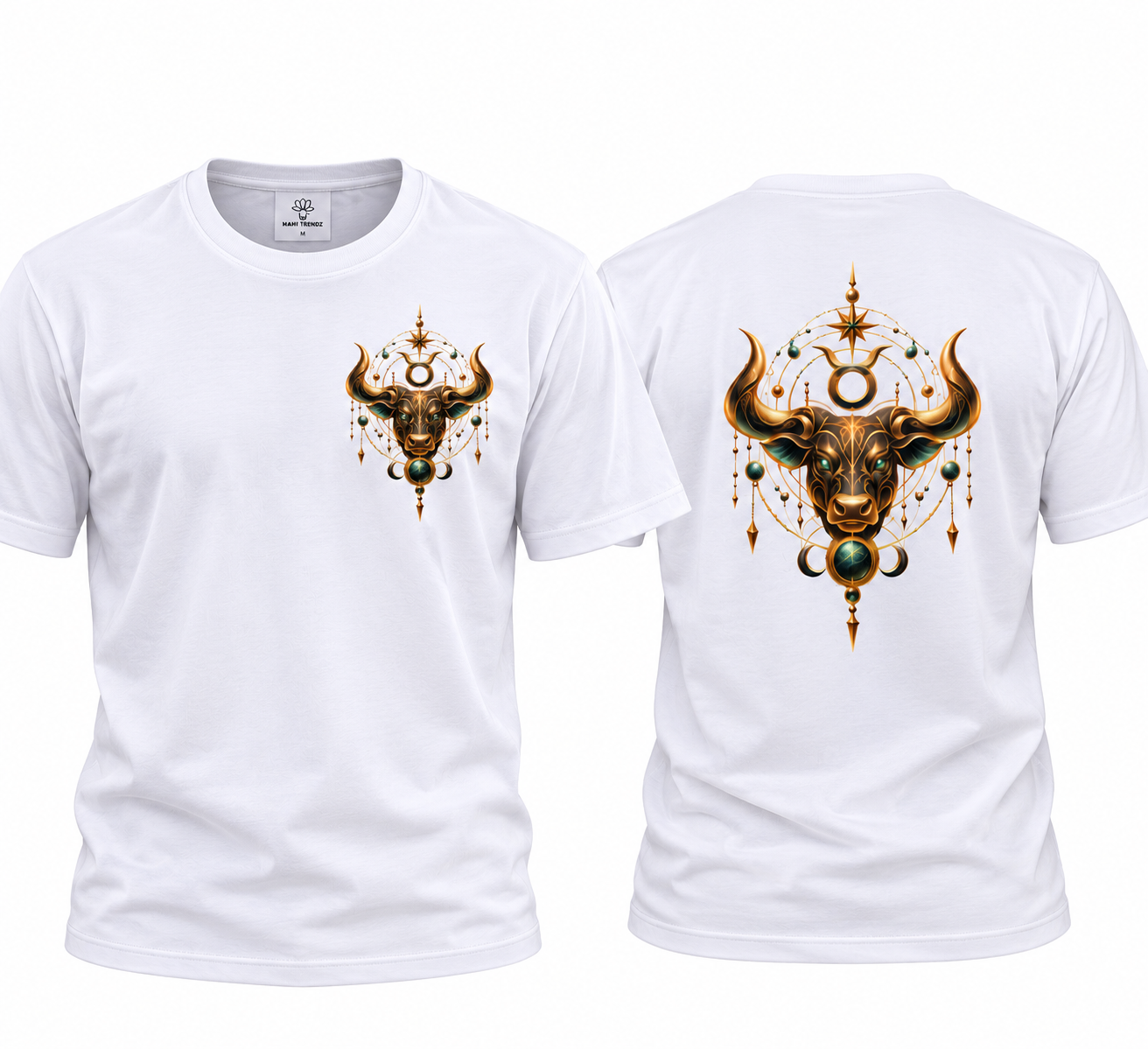 Taurus Celestial Bull T-Shirt – Gold & Emerald Bull Back Print White Poly Cotton Tee