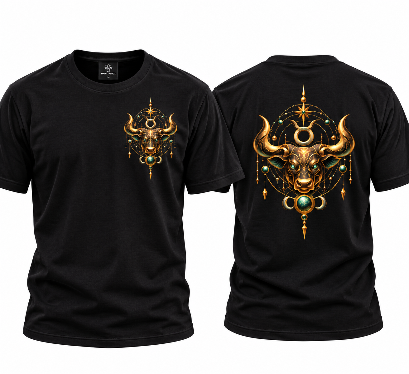Taurus Celestial Bull T-Shirt – Gold & Emerald Bull Back Print Black Poly Cotton Tee