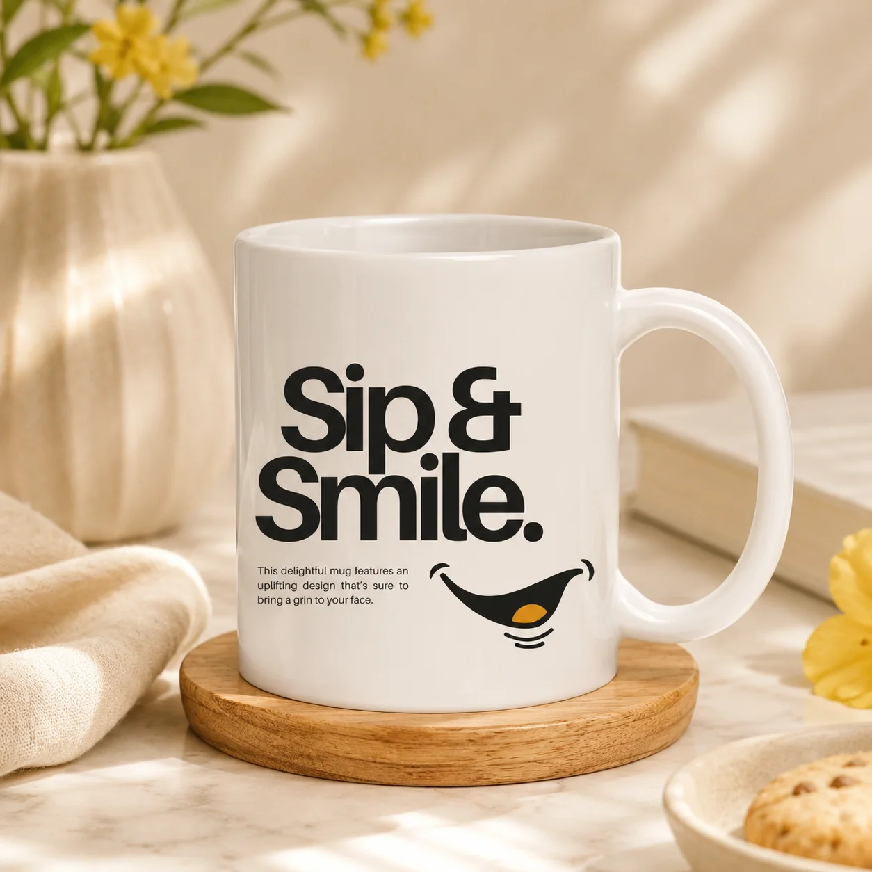White Ceramic Typographic Print Coffee Mug – Sip & Smile