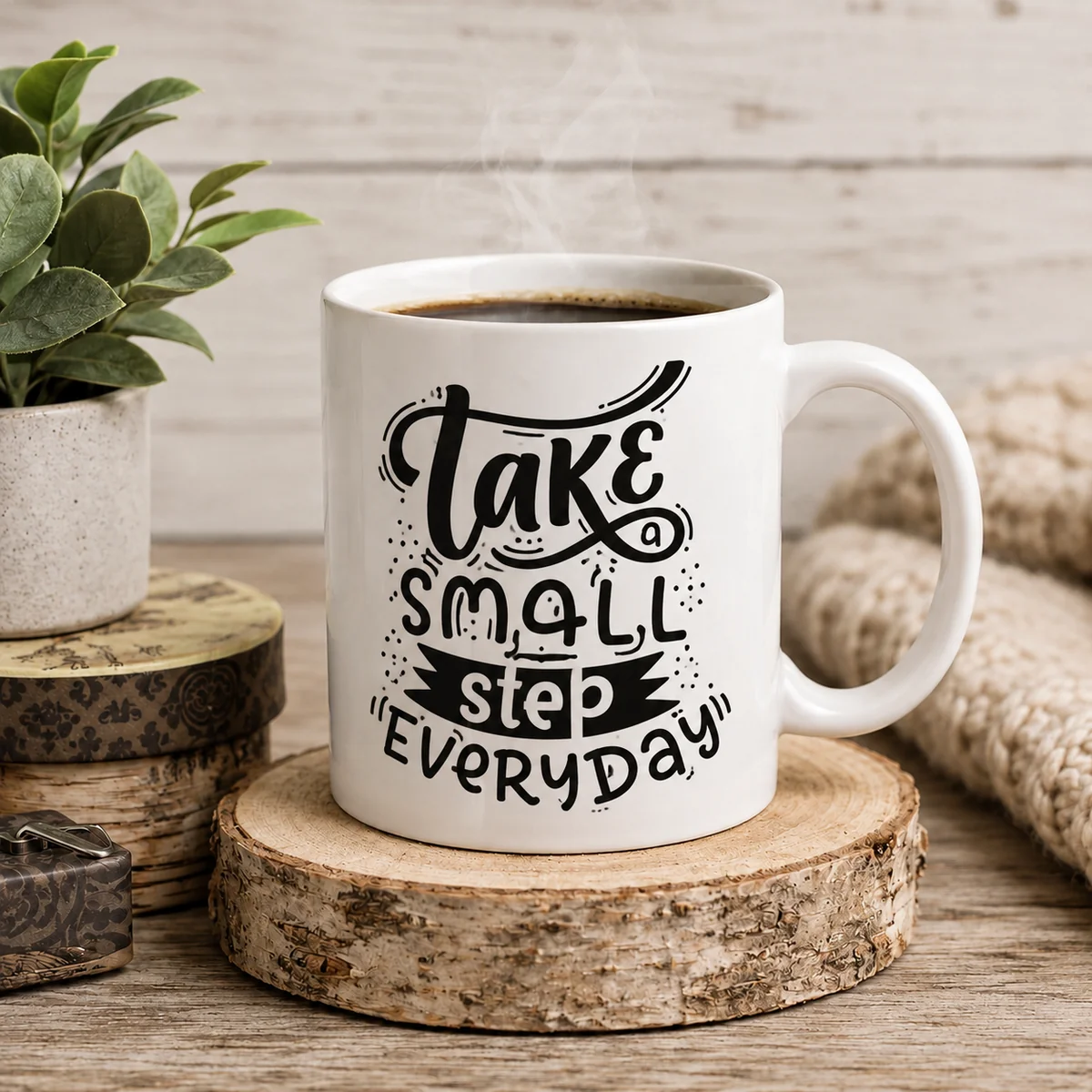 White Motivational Quote Printed Ceramic Mug – Take Small Steps Everyday