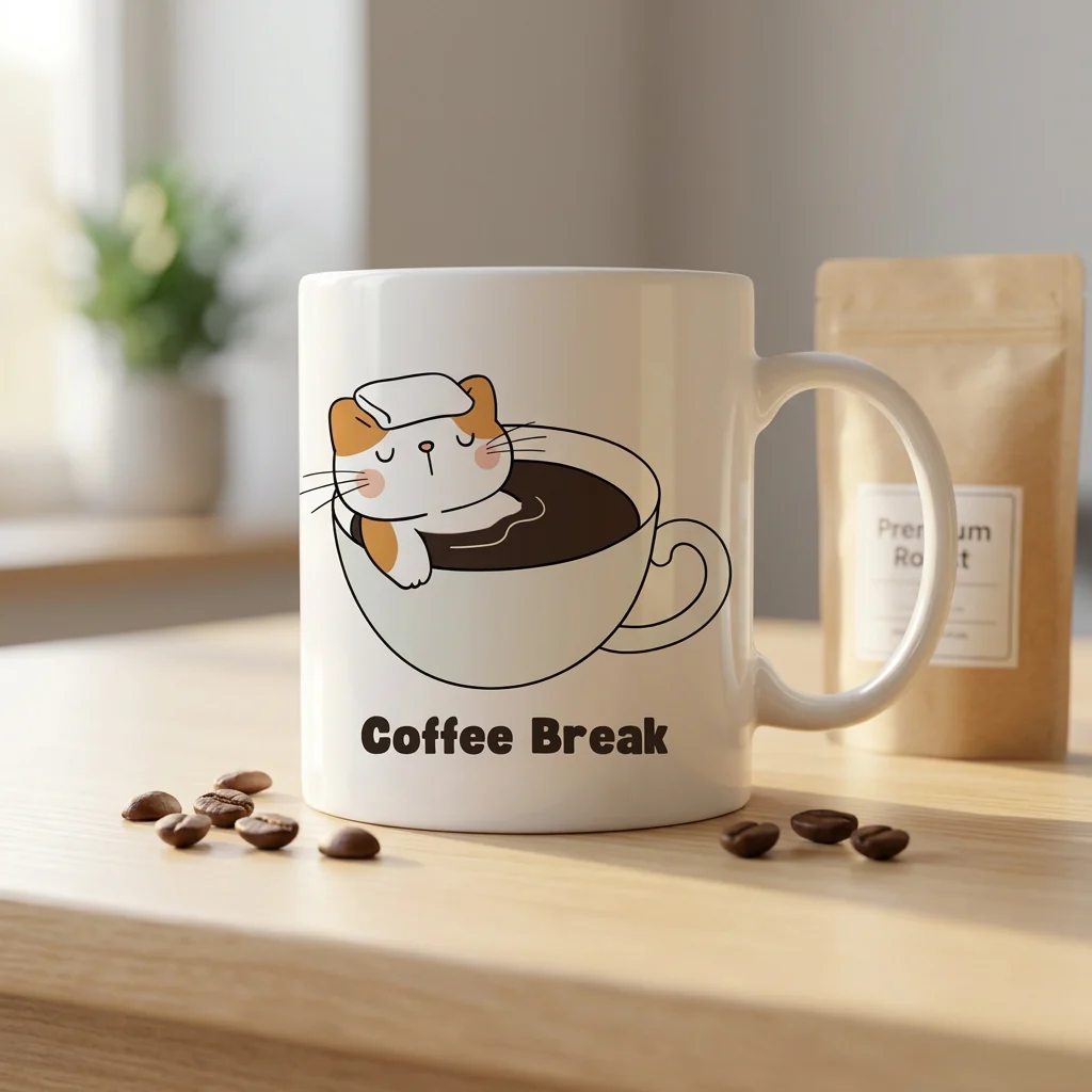 White Coffee Break Cat Print Mug